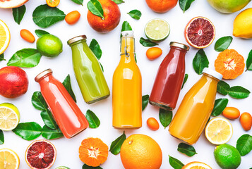 Citrus fruit juices, fresh and smoothies, food background, top view. Mix of different whole and cut fruits: orange, grapefruit, lime, tangerine with leaves and bottles with drinks on white table