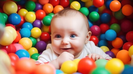 Fototapeta na wymiar An emotional face of smiling baby playing in the balls pool. Generative AI.