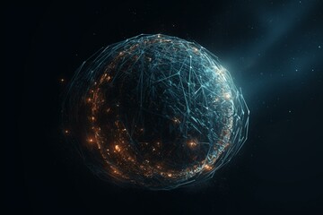 Obraz na płótnie Canvas Virtual 3D planet of particles and binary data. Science background with abstract sphere structure and glows. Generative AI