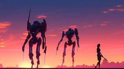 robot and human silhouettes, digital art illustration, Generative AI
