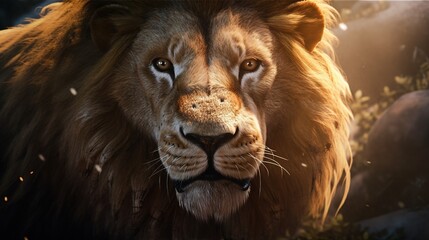 Naklejka premium aerial view lion, digital art illustration, Generative AI