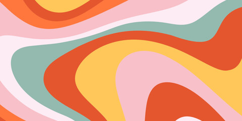 Groovy Hippie 70s Wavy Horizontal Background. Vector Psychedelic Swirled Striped Banner in Trendy Seventies Style