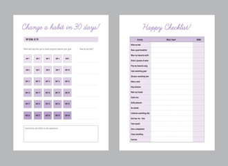Habit 30Days and happy checklist planner. Vector Print template.