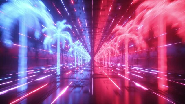 Neon Glowing Palms in Digital Tunnel