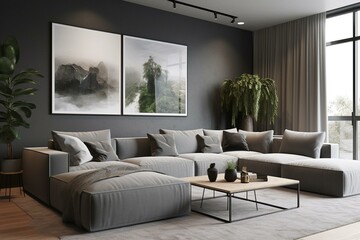 A large lounge area with a grey sectional sofa and a framed mockup on the wall. Generative AI