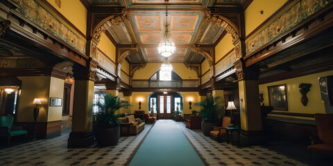 Elegant Historical Hotel Lobby: Vintage Architecture and Luxurious Interior Design - Grand Entrance, Classic Hospitality, Ornate Decor, Heritage Building, and Refined Travel Destination