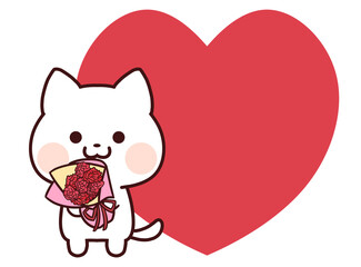 カーネーションの花束を持つ白猫とハート