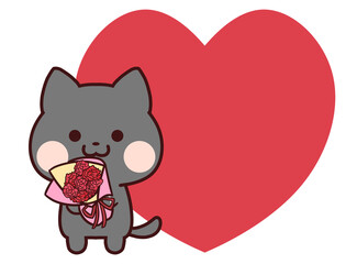 カーネーションの花束を持つ黒猫とハート