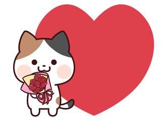 カーネーションの花束を持つ三毛猫とハート