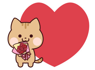 カーネーションの花束を持つトラ猫とハート