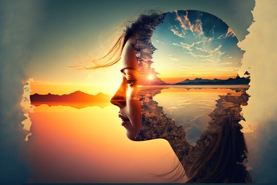 Double exposure image woman portrait with the orange sunset for peaceful mind and psychological concept. Meditative and healthy mental therapy abstract art. Superb Generative AI
