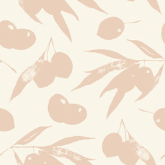 Olives silhouettes seamless patten olive branches leaves and berries beige botanical background