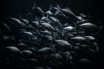 A school of fish swimming in unison with black background. Generative AI