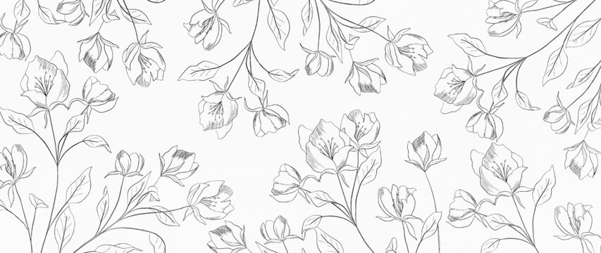 Abstract floral art vector background with flowers and leaves on a branch. Botanical hand drawn line art style design for decoration, print, wallpaper, textile, interior design, cover