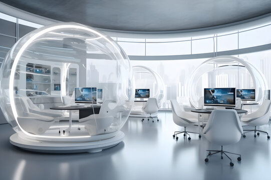 A futuristic workplace environment fit for the technology and science careers of tomorrow. The image is created by generative AI.