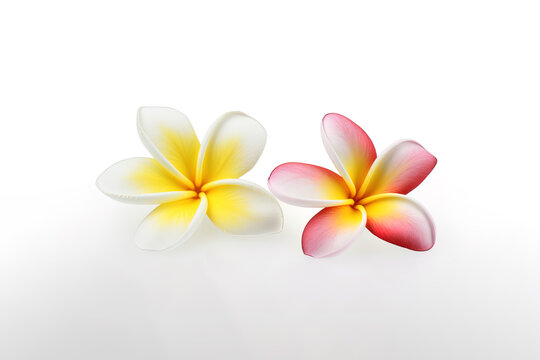 Tropical beautiful flowers, frangipani plumeria flower isolated on white background. Created with Generative AI Technology