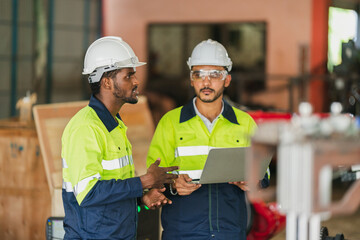Professional engineer holding robot controller checking and repairing automatic robotic machine at industrial factory, Technician worker working with robotic arm system for manufacturing production