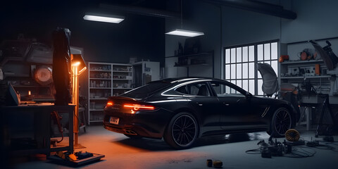 Luxury Car in a Workshop. Mechanic Vehicle Auto Service Workshop. Simple 3D Concept