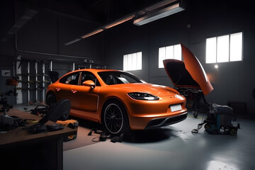 Luxury Car in a Workshop. Mechanic Vehicle Auto Service Workshop. Simple 3D Concept