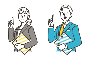 Smiling male and female businessperson holding up index finger [Vector illustration]