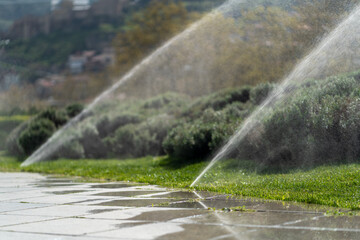 sprinklers water the green lawn in the city park on a summer day, people walking and children playing, bright sunlight and shadows. High quality photo
