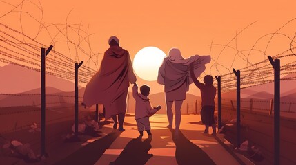 World Refugee Day, illustration of a family against the fence in sunset, Generative Ai