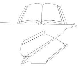 One continuous line of Book with Paper Airplane. Thin Line Illustration vector concept. Contour Drawing Creative ideas.