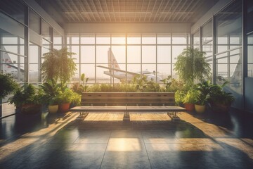 A creative airport waiting area with reflections, plants, benches and an aircraft view. 3D rendered with natural light. Generative AI