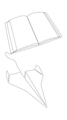 One continuous line of Book with Paper Airplane. Thin Line Illustration vector concept. Contour Drawing Creative ideas.