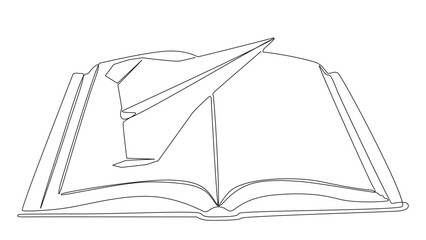 One continuous line of Book with Paper Airplane. Thin Line Illustration vector concept. Contour Drawing Creative ideas.