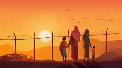 World Refugee Day, illustration of a family against the fence in sunset, Generative Ai - obrazy, fototapety, plakaty