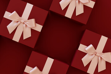 Gift boxes with pink ribbons on red boxes. 3d rendering