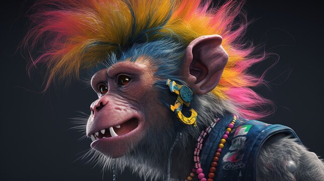 punk monkey portrait, digital art illustration, Generative AI