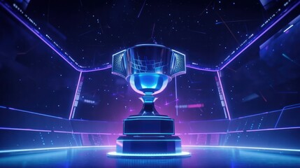 E-Sports winner trophy at studio illuminated by neon lights with blurred background. Generative AI.