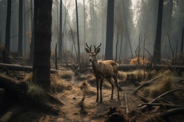 Climate change's impact on deer in lifeless forest. Generative AI