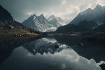 Fototapeta na wymiar Stunning view of a lake and mountain range. Generative AI