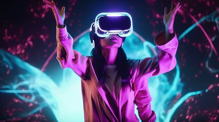 woman in VR glasses in neon space, digital art illustration, Generative AI