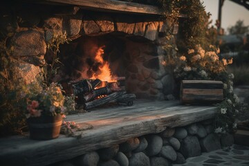 A rustic outdoor hearth in the golden hour glow. Generative AI