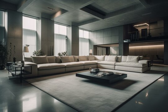Contemporary indoor space with pale couches designed in a computer. Generative AI