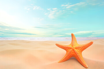 Naklejka na ściany i meble a starfish on a sandy beach with the ocean in the background. Created with Generative AI Technology
