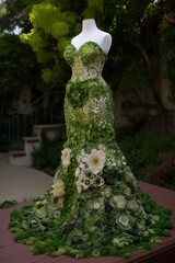 organic grass floral wedding dress with leaves on mannequin, vegan dress made from salad intricate, generative ai