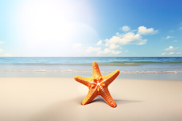 Fototapeta na wymiar a starfish on a sandy beach with the ocean in the background. Created with Generative AI Technology