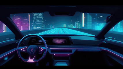 Plakat Car drive night road to city cartoon illustration. Cockpit inside view interior with dashboard. Street neon light in futuristic downtown architecture. Empty unmanned vehicle navigation. Genrative ai