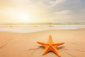 Obraz na płótnie Canvas a starfish on a sandy beach with the ocean in the background. Created with Generative AI Technology