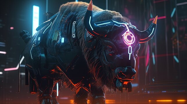 bison cyberpunk, digital art illustration, Generative AI