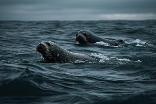 Two seals swimming in the ocean. AI generative image.