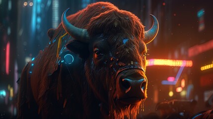 bison cyberpunk, digital art illustration, Generative AI