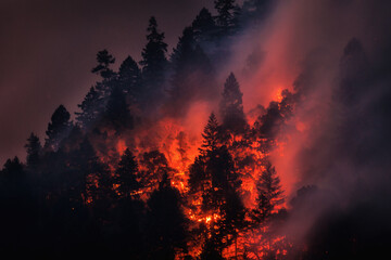 Forest fire on a mountain. - 595736964