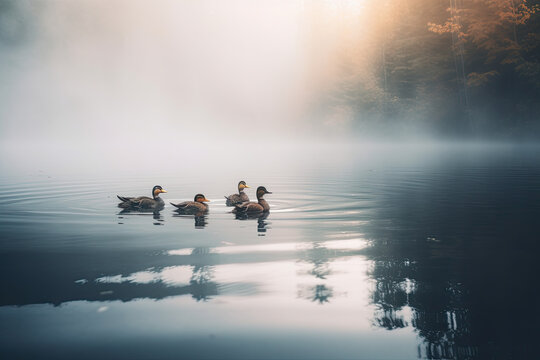Ducks swimming in a lake with a foggy background. AI generative image.