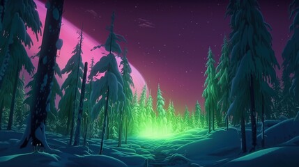 woodland with northern lights, digital art illustration, Generative AI